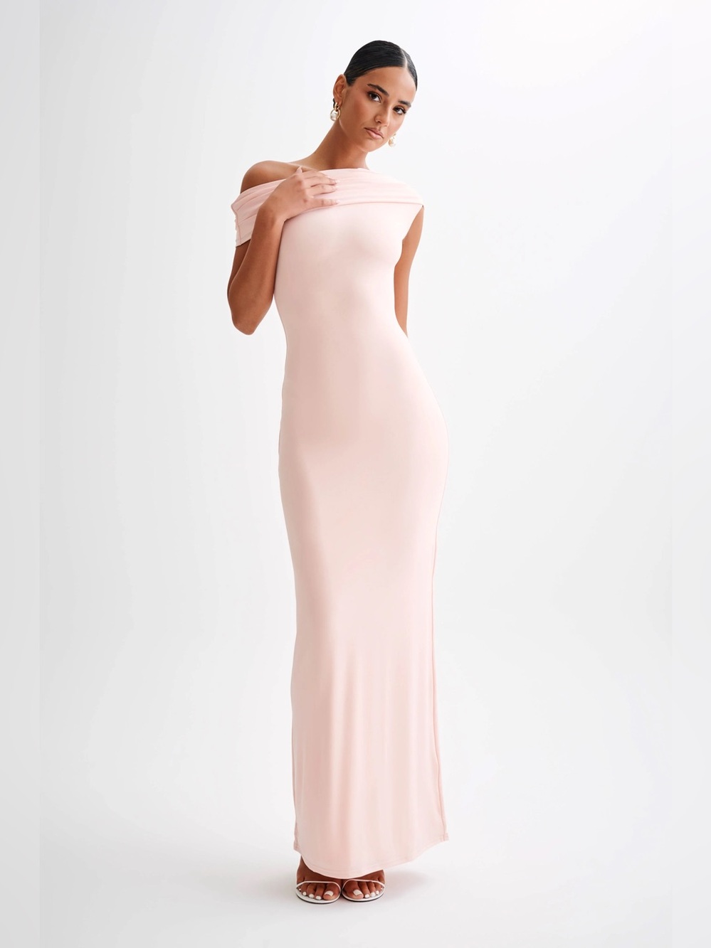 Meshki Cassandra Off Shoulder Slinky Maxi Dress - Pale Pink XS NEW
